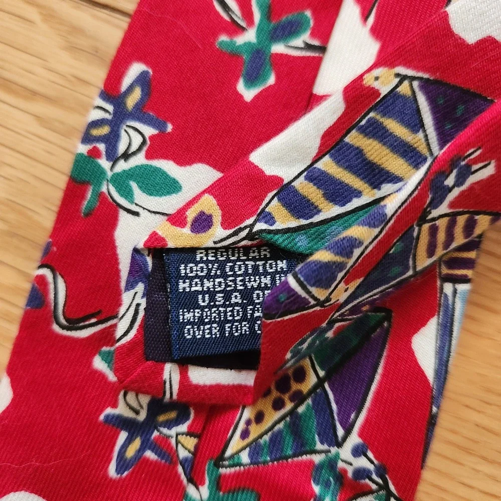 Lands End Mens Vintage Red Cotton Kite Print Necktie Handsewn USA Novelty Tie
